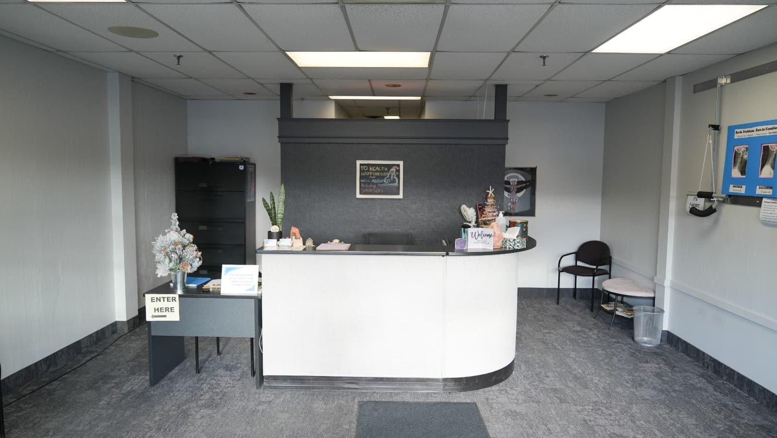 Reception area at Life Chiropractic Centre in Burlington, Ontario